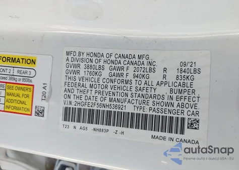 2022 Honda Civic Sport из США, поврежденный, VIN 2HGFE2F56NH536921